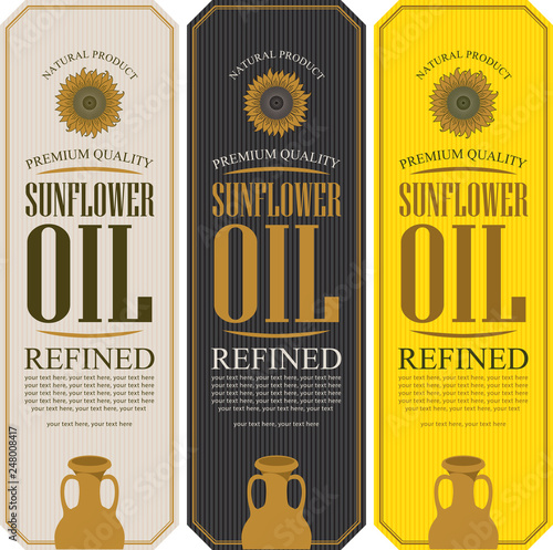 Set of vector labels for refined sunflower oil with sunflower, clay jug and place for text on the striped background