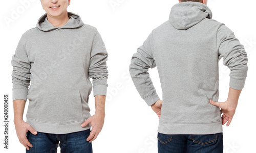 Middle age man in gray sweatshirt template isolated. Male sweatshirts set with mockup and copy space. Sweat shirt design front and back view. Closeup