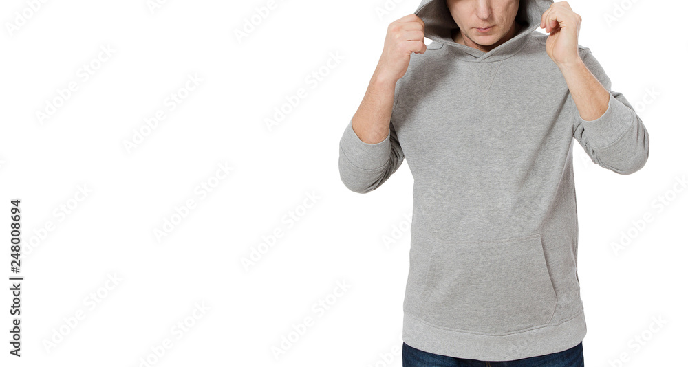 Man in gray sweatshirt template isolated. Male sweatshirts set with mockup and copy space. Hoody design. Hoodie front cropped image view. Closeup Man in gray sweatshirt template isolated. Male sweatshirts set with mockup and copy space. Hoody design. Hoodie front cropped image view. Closeup