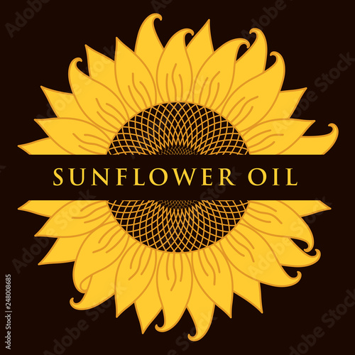 Square vector banner or label for sunflower oil in the form of sunflower close-up with inscription on black background