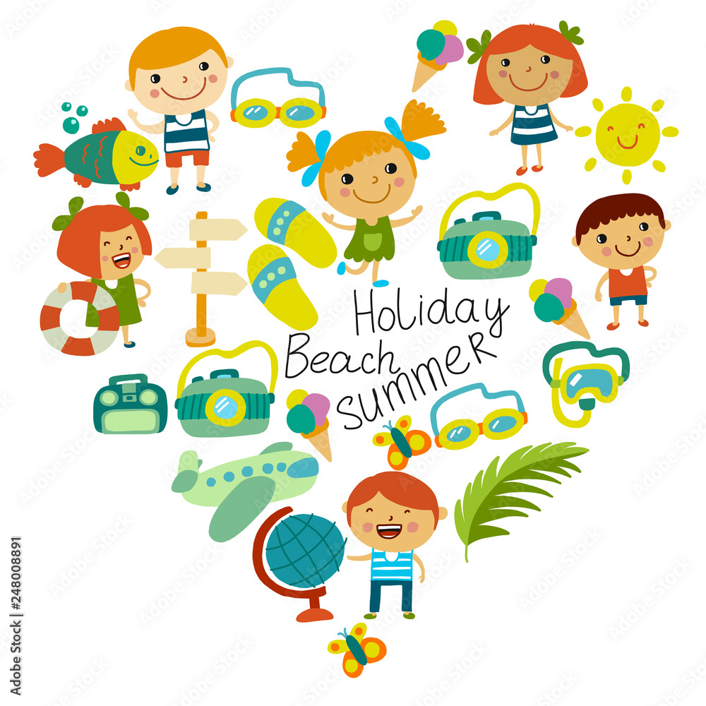Beach and children. Summer vacation. Ocean, sea. Cartoon kids swimming. Beach and children. Summer vacation. Ocean, sea. Cartoon kids swimming.