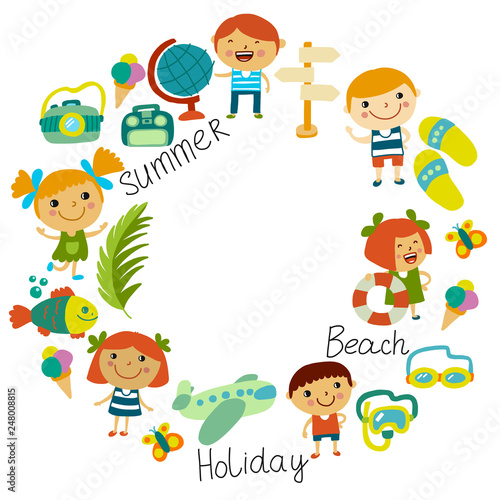 Beach and children. Summer vacation. Ocean, sea. Cartoon kids swimming.