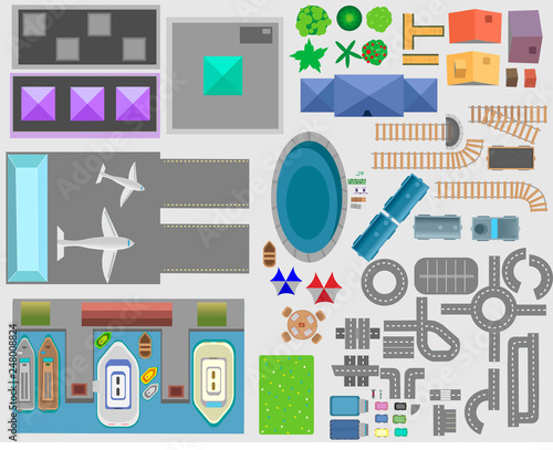 Set of landscape elements. Trees, houses, plants, tables, chairs, benches, sunbeds, umbrellas, paths.