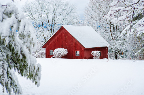 Red snow covered barn, Stowe, Vermont, USA © Don Landwehrle