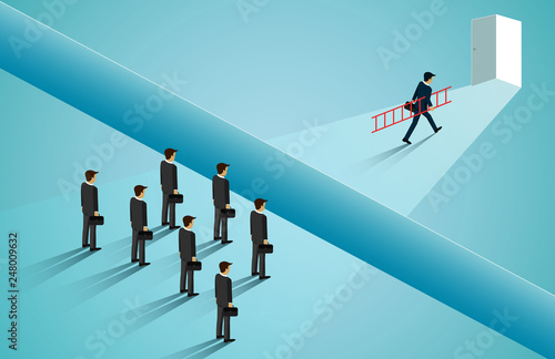 Businessmen are competing go to the door with obstacle, cliffs blocking the path. go to the door destination for success. Business concept of challenge problem solving. leadership. vector illustration