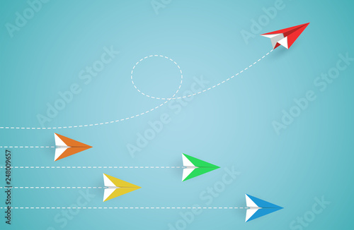 Red paper plane changing direction from paper airplane colorful. new idea. Different business concept. courage to risk. leadership. illustration cartoon vector