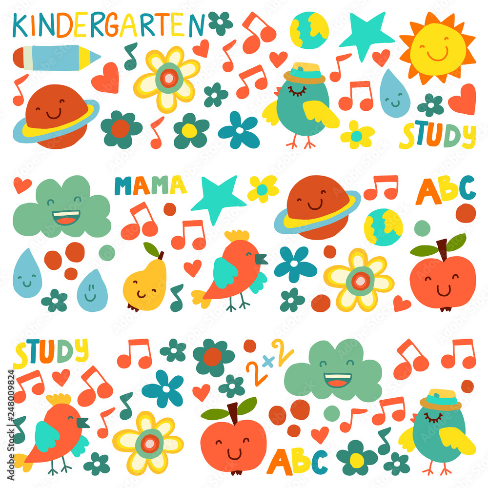Obraz premium Kindergarten pattern for little children. Cute icons and characters for kids.