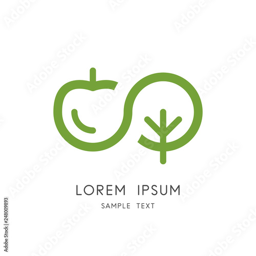 Infinity nature logo - apple, cherry or plum and tree symbol. Endless life, garden and orchard, fruit picking and harvesting vector icon.