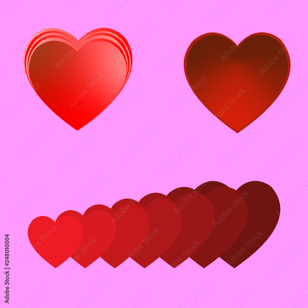 Different red hearts on a pink background