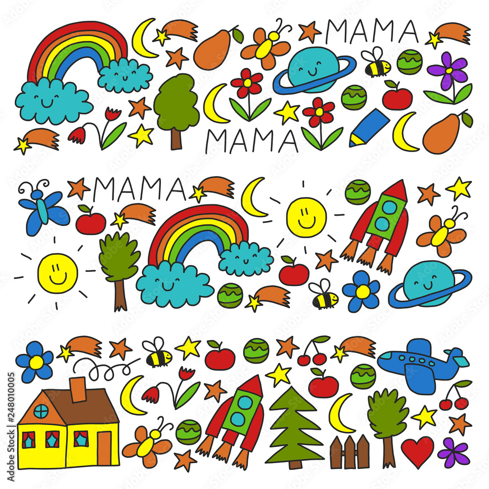 Naklejka premium Kindergarten pattern for little children. Cute icons and characters for kids. Rocket, space, moon.