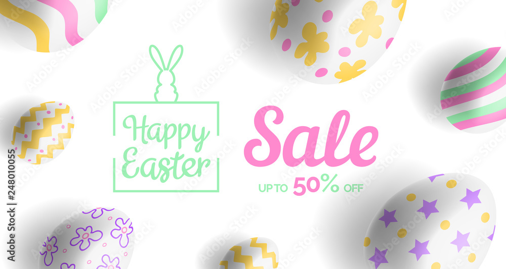happy easter sale banner design with decorating eggs