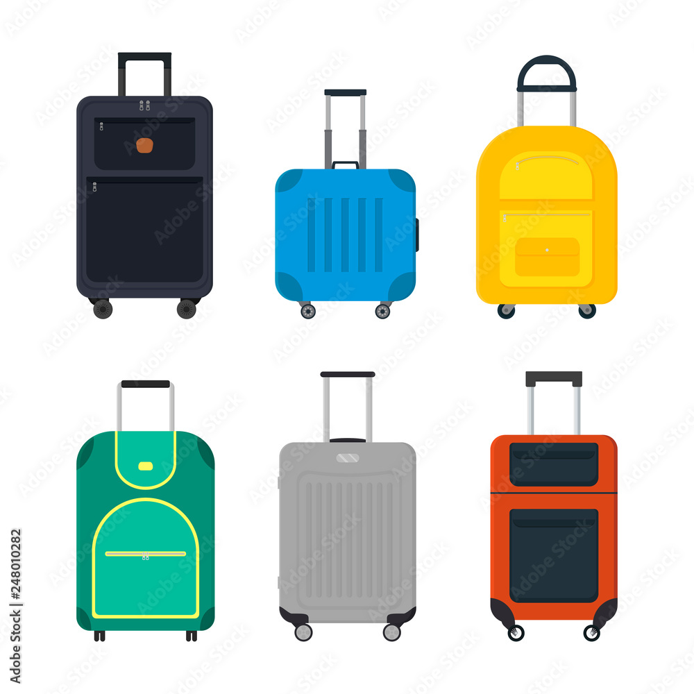 Flat vector set of travel suitcase on wheels. Tourist bags. Baggage of traveler. Graphic elements for poster or flyer Flat vector set of travel suitcase on wheels. Tourist bags. Baggage of traveler. Graphic elements for poster or flyer