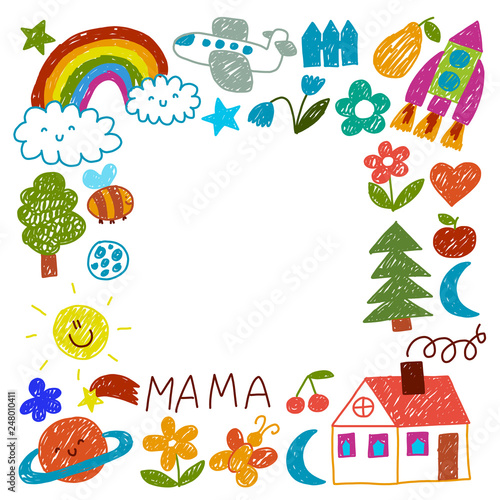 Kindergarten pattern for little children. Cute icons and characters for kids. Rocket, space, moon.