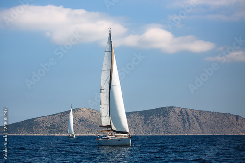 Greece sailing yacht boat at the Aegean Sea. Luxury cruise yachting.