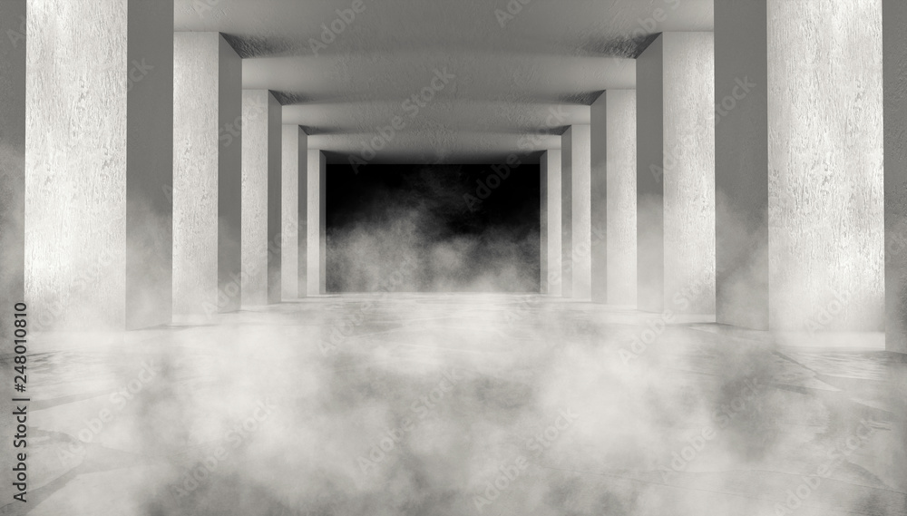Background of an empty dark room, a corridor with columns, spotlights. Concrete floor. Neon light smoke Background of an empty dark room, a corridor with columns, spotlights. Concrete floor. Neon light smoke