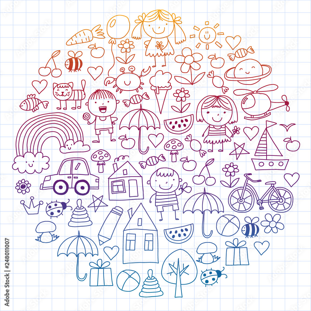 Kindergarten pattern with cute children and toys. Kids drawing style illustration Kindergarten pattern with cute children and toys. Kids drawing style illustration