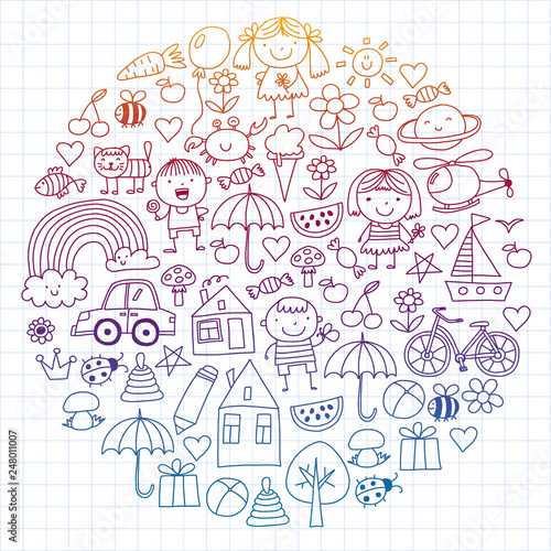 Kindergarten pattern with cute children and toys. Kids drawing style illustration