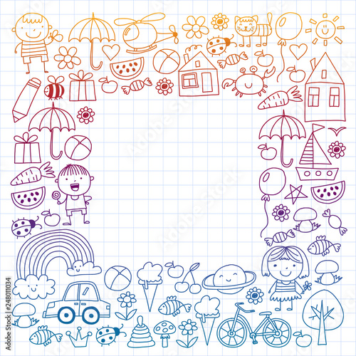 Kindergarten pattern with cute children and toys. Kids drawing style illustration