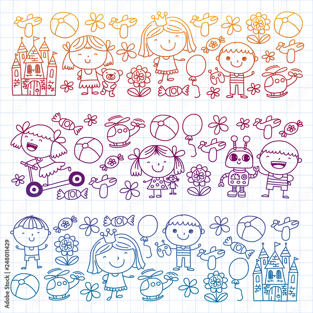 Children with toys. Colorful pattern for kindergarten posters.