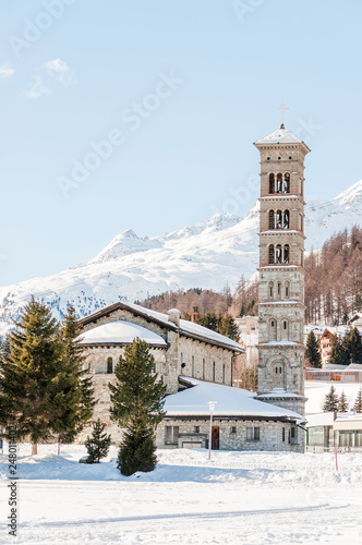 St. Moritz, Kirche, St. Karl Borromäus, St. Moritzersee, Oberengadin, Alpen, Graubünden, Winter, Winterwanderung, Schweiz photo