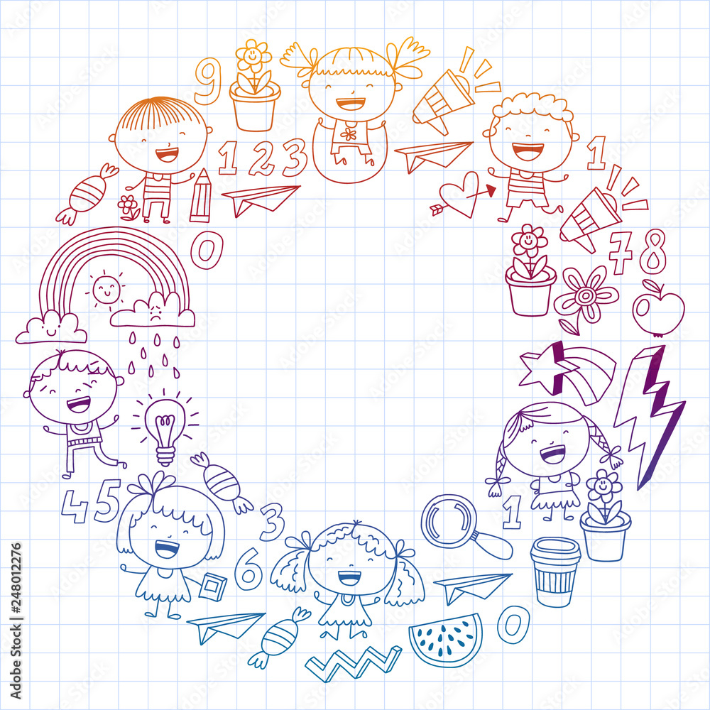 School kindergarten children. Play, learn and grow. Education and games. Cool boys and girls vector illustration. School kindergarten children. Play, learn and grow. Education and games. Cool boys and girls vector illustration.