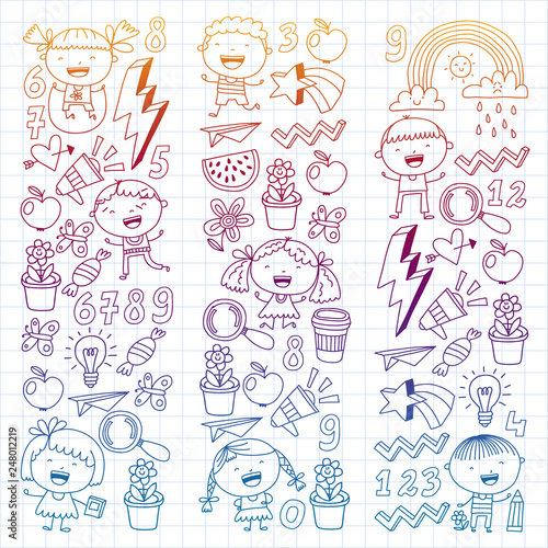 School kindergarten children. Play, learn and grow. Education and games. Cool boys and girls vector illustration.