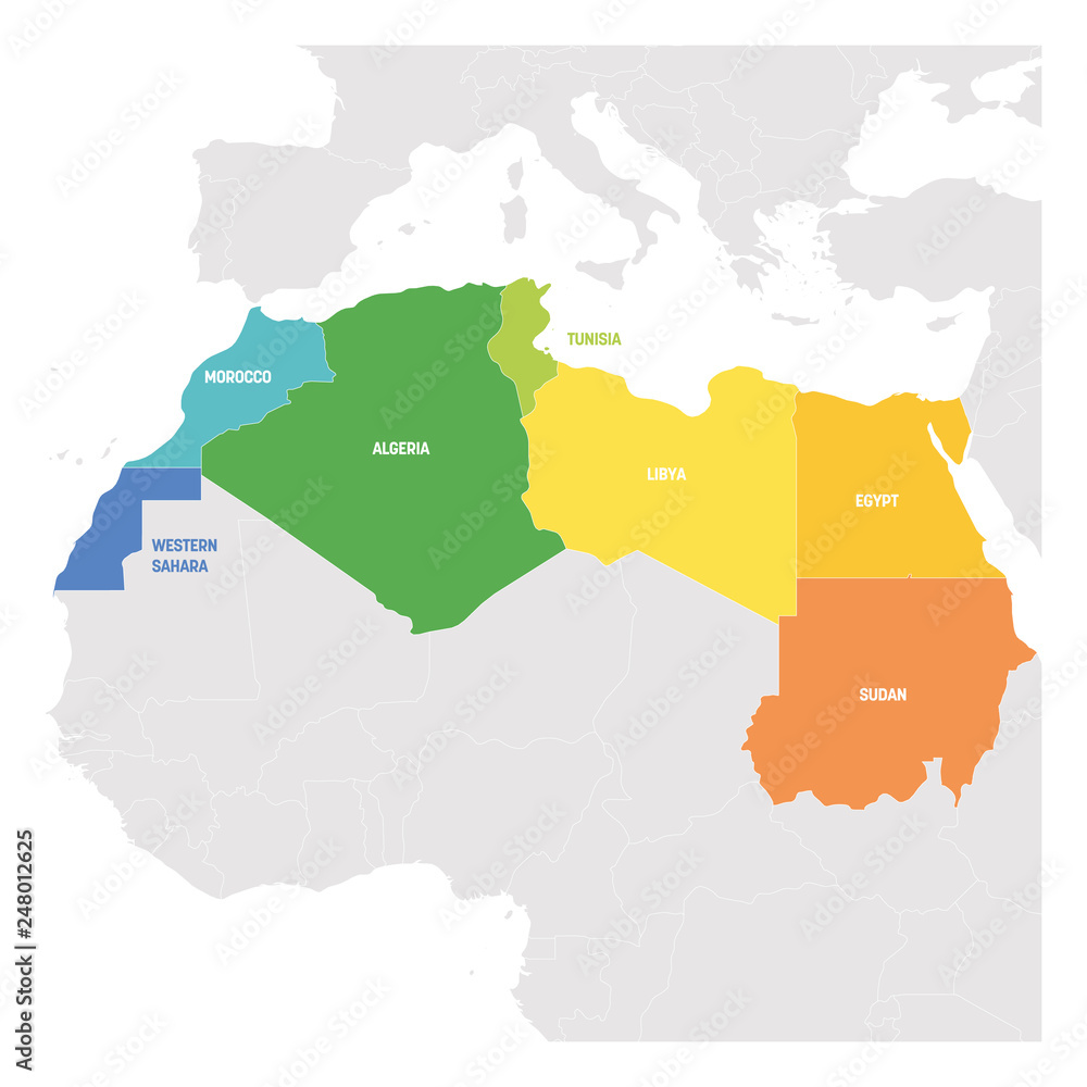 North Africa Region. Colorful map of countries in northern Africa
