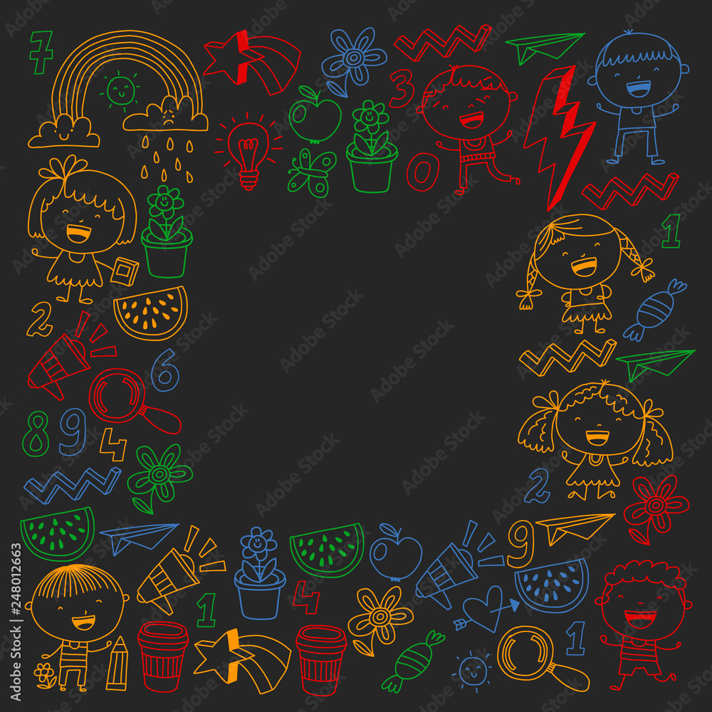 School kindergarten children. Play, learn and grow. Education and games. Cool boys and girls vector illustration.