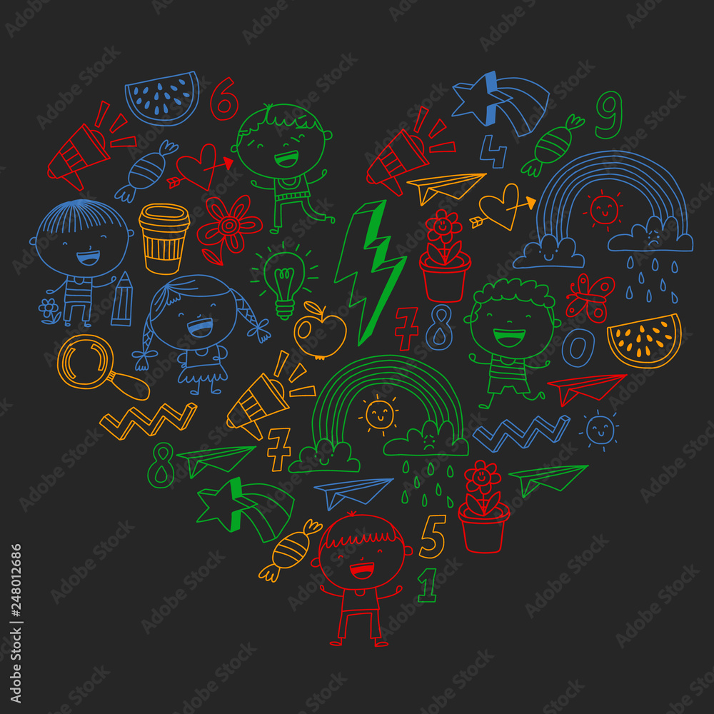 School kindergarten children. Play, learn and grow. Education and games. Cool boys and girls vector illustration.