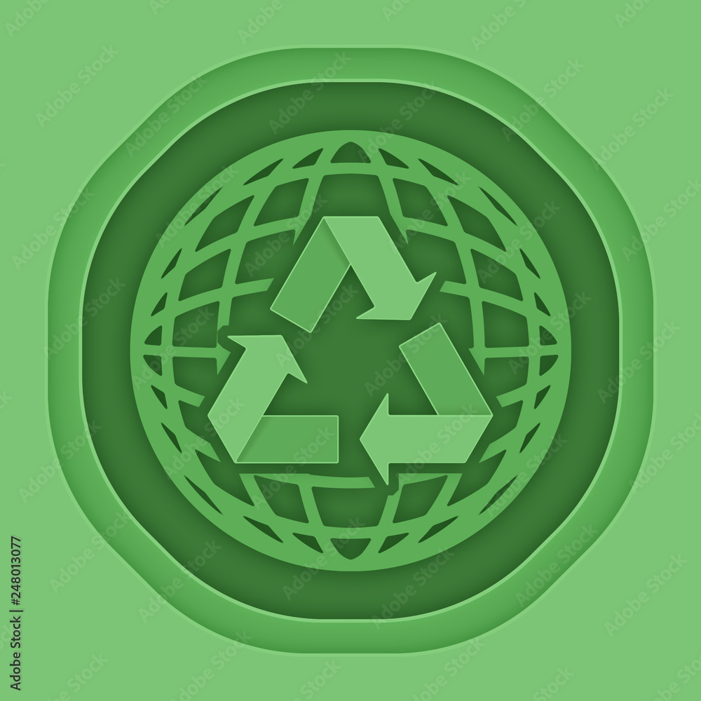 Recycling sign and earth. Size 1024x1024, scale200%. Modern origami style. Raster illustration Recycling sign and earth. Size 1024x1024, scale200%. Modern origami style. Raster illustration