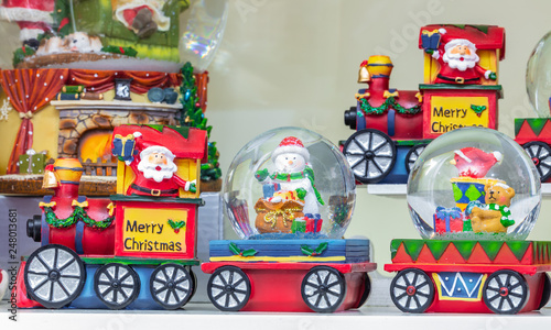 Christmas toy decoration. Santa Claus in train