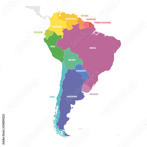 South America Region. Colorful map of countries in southern America. Vector illustration