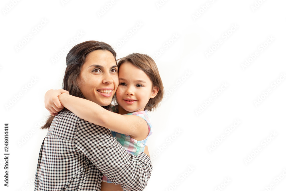 Portrait of happy daughter embraces her mother, isolated on white background Portrait of happy daughter embraces her mother, isolated on white background