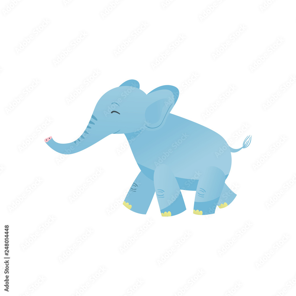 Obraz premium Lovely Baby Elephant, Sweet Light Blue Animal Character Side View Vector Illustration