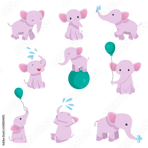 Collection of Lovely Baby Elephant Pink Animal Character in Different Poses Vector Illustration
