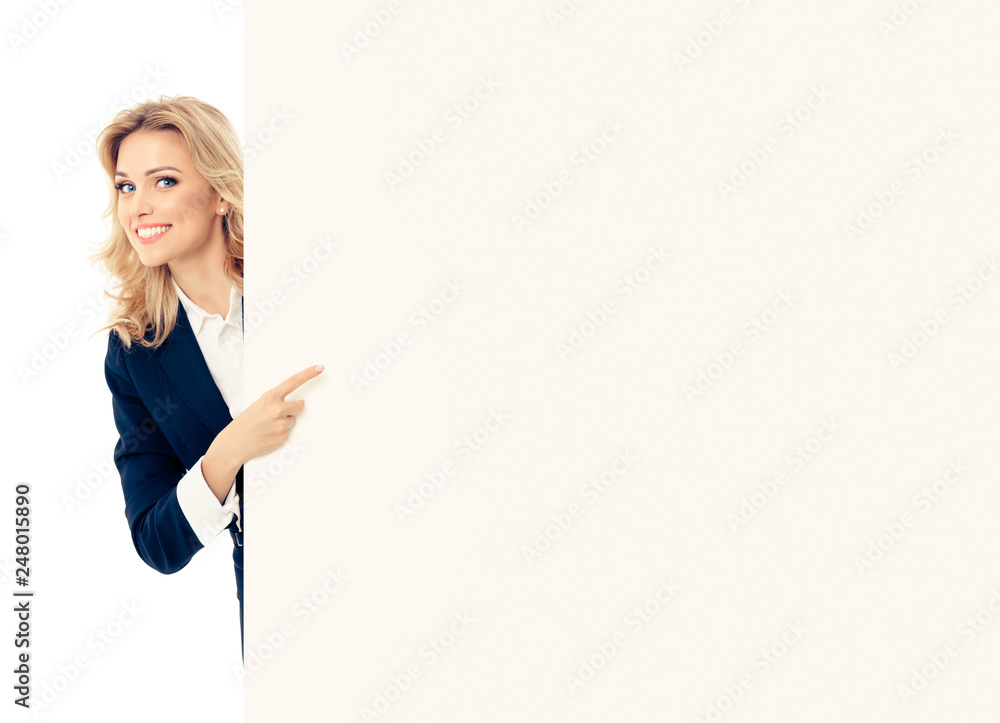 businesswoman showing signboard with copyspace businesswoman showing signboard with copyspace