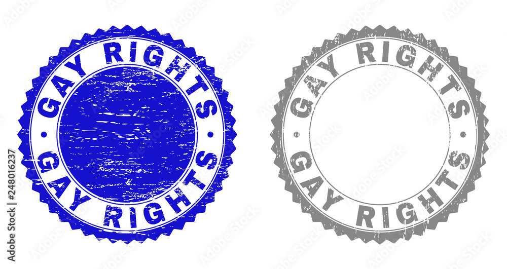 Grunge GAY RIGHTS stamp seals isolated on a white background. Rosette seals with grunge texture in blue and gray colors. Vector rubber stamp imitation of GAY RIGHTS label inside round rosette.