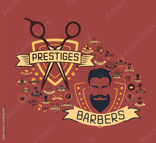 Set of vintage barbershop emblems, labels, badges, logos. Vector collection of hand drawn barbershop tools and accessories with hipster model man.