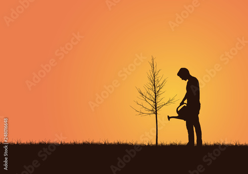 Realistic illustration of a gardener, a young man with a can. Watering a tree under an orange sky, vector © Forgem