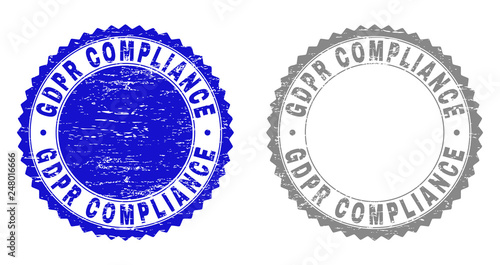 Grunge GDPR COMPLIANCE stamp seals isolated on a white background. Rosette seals with grunge texture in blue and grey colors. Vector rubber stamp imprint of GDPR COMPLIANCE label inside round rosette.