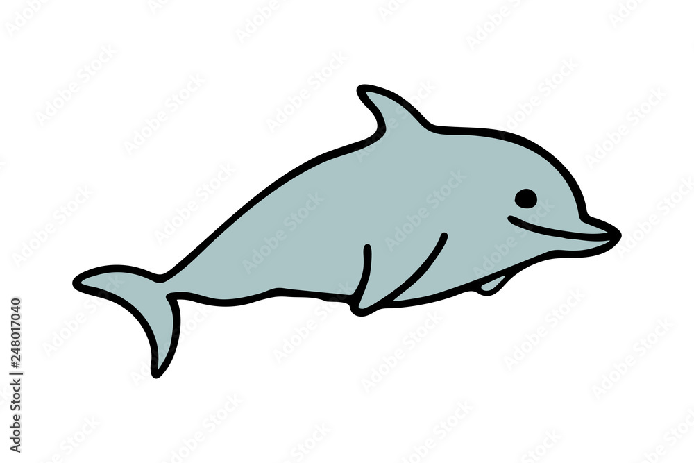 Fototapeta premium Simple icon cartoon smiling dolphin in blue color in flat style on white background. Sticker sign design. Sea silhouette. 