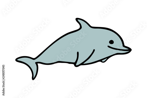 Simple icon cartoon smiling dolphin in blue color in flat style on white background. Sticker sign design. Sea silhouette. 