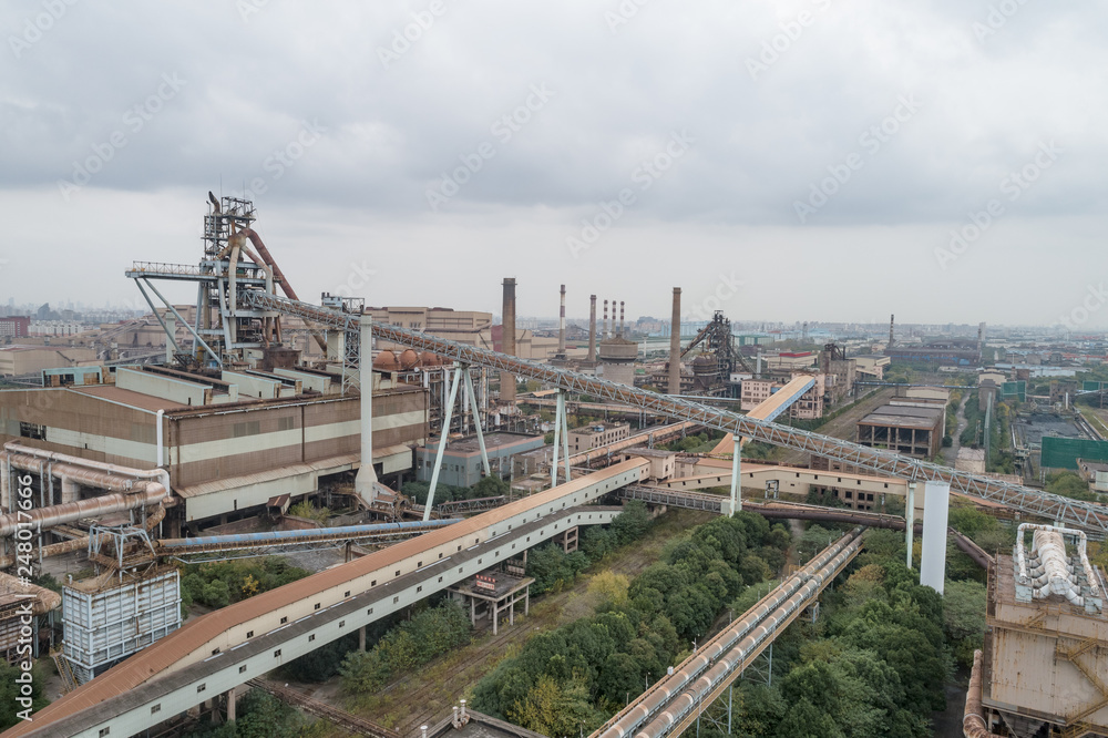 aerial view of industrial buildings in abandoned industrial site