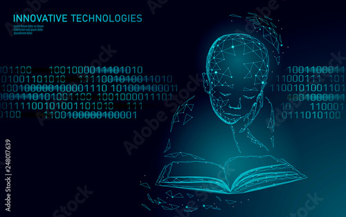 Machine learning 3D low poly technology business concept. Neural network artificial intelligence cyborg child boy shape. Polygonal training data mining system analytics vector illustration