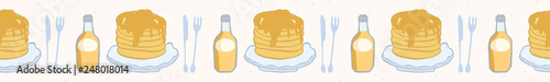 Cute vector pancake day breakfast illustration. Seamless repeating border. Hand drawn stack of delicious pancakes with maple syrup bottle, kawaii knife and fork. Food restaurant menu banner ribbon.