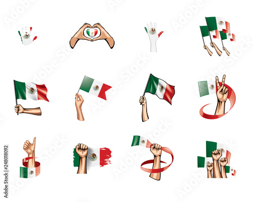 Mexican flag and hand on white background. Vector illustration