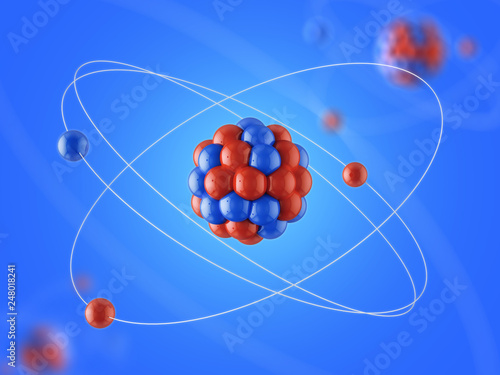 3D Illustration of an atom. Elementary particles. Physics concept