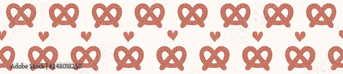 Cute vector german pretzel cartoon with love heart. Seamless repeating food border illustration. Hand drawn kawaii bakery bread for kitchen foodie blog, germany oktoberfest restaurant banner ribbon.