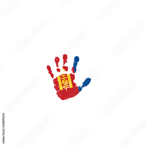 Mongolia flag and hand on white background. Vector illustration