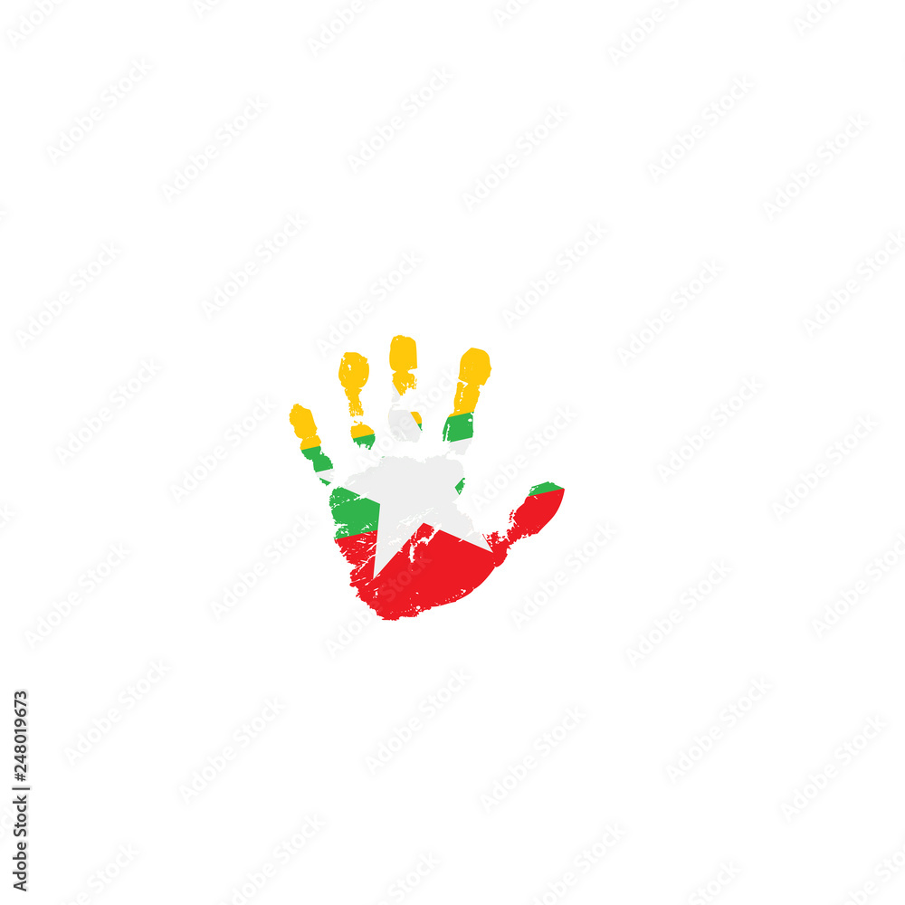 Myanmar flag and hand on white background. Vector illustration Myanmar flag and hand on white background. Vector illustration